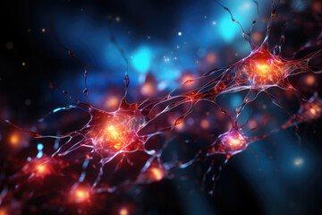 A web of interconnected neurons firing and lighting up, representing the intricate workings of the human mind. Concept of cognitive complexity. Generative Ai.