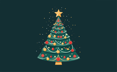 Christmas Tree Greeting Card Concept Artwork. Abstract Christmas Tree Shape Decorated With Festive Symbols. Fully Editable Christmas Illustration.