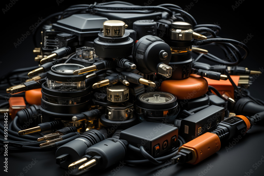 Poster a tangled bundle of charging cables and adapters, emblematic of our increasingly device-dependent wo