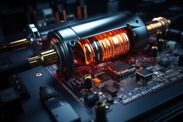 Naklejka premium A close-up of a soldering iron delicately joining two electrical components, showcasing precision craftsmanship. Concept of electrical craftsmanship. Generative Ai.