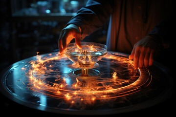 A scientist manipulating a magnetic field to induce electrical currents in a wire, demonstrating Faraday's electromagnetic induction. Concept of scientific experimentation. Generative Ai.