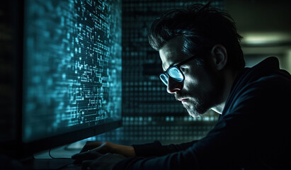 portrait of a men coding on pc. digital transformation.	
