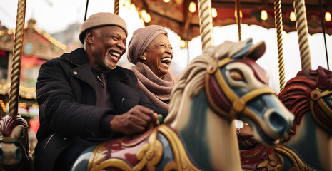 Fototapeta na wymiar Cute mature black couple enjoy life, carousel on the background of lights