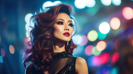 Beautiful drag queen on background with bokeh	

