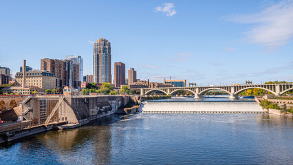 Cityscape with I-35W bridge over Mississippi river and Saint Anthony Falls. Minnesota, Midwest USA