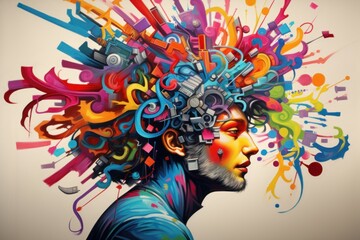 Unique colorful woman head. Creative mind. Fictional person. Generate Ai