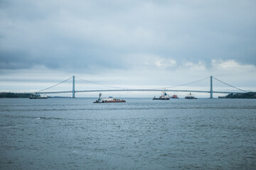 Brooklyn Bridge, East River and Lower Manhattan in  NYC Skyline.