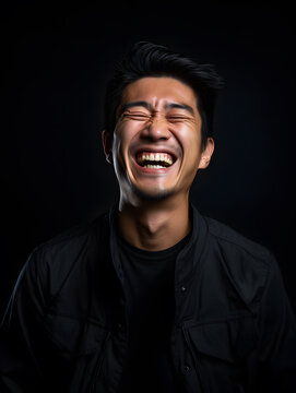 portrait of an asian man laughing, black background