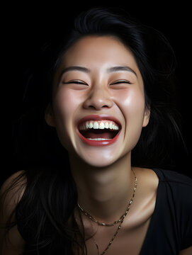 portrait of an asian woman laughing, black background