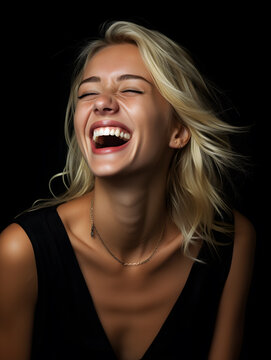 portrait of a blonde woman laughing, black background