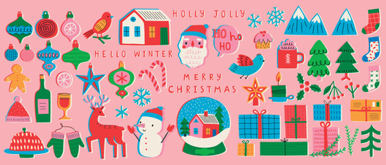Christmas set of graphic elements, hand drawn style - cute objects, snowmen, Santa Claus and other elements.