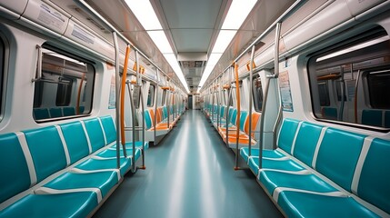 Fototapeta premium Interior of a subway car with seats. Generative AI