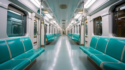 Interior of a subway car with seats. Generative AI - obrazy, fototapety, plakaty