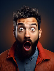 portrait of a man with surprised, shocked expression, wide eyes, open mouth