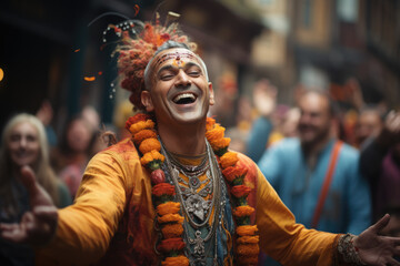 A Hare Krishna devotee chanting and dancing, spreading joy and devotion through the streets. Concept of ecstatic devotion. Generative Ai.