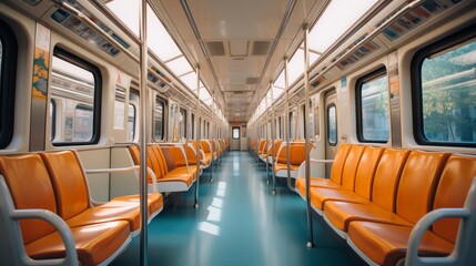 Interior of a subway car with seats. Generative AI