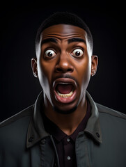 portrait of a black man with surprised, shocked expression, wide eyes, open mouth