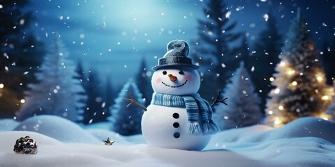 Obraz premium CHRISTMAS SNOWY WINTER SNOWMAN SNOWFLAKES FALLING BACKGROUND CINEMATIC