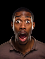 portrait of a black man with surprised, shocked expression, wide eyes, open mouth