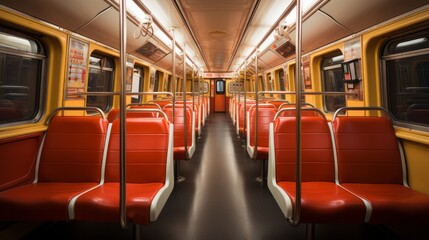 Fototapeta premium Interior of a subway car with seats. Generative AI