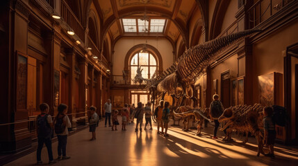 Fototapeta premium Generative AI, children, schoolchildren on an excursion to the prehistoric museum of paleontology looking at dinosaur skeletons, fossils, ancient lizards, education, architecture, boys, girls