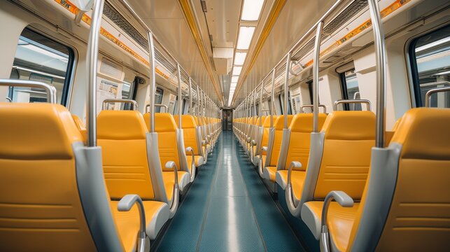 Interior of a subway car with seats. Generative AI