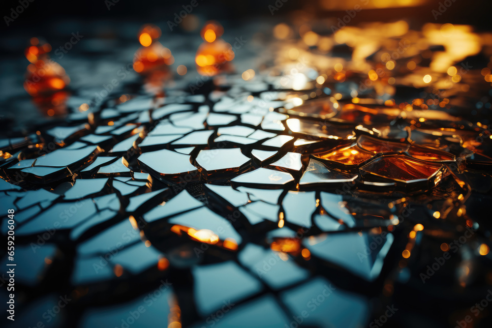 Poster a distorted reflection in a cracked mirror, where the viewer's image appears fractured and disjointe