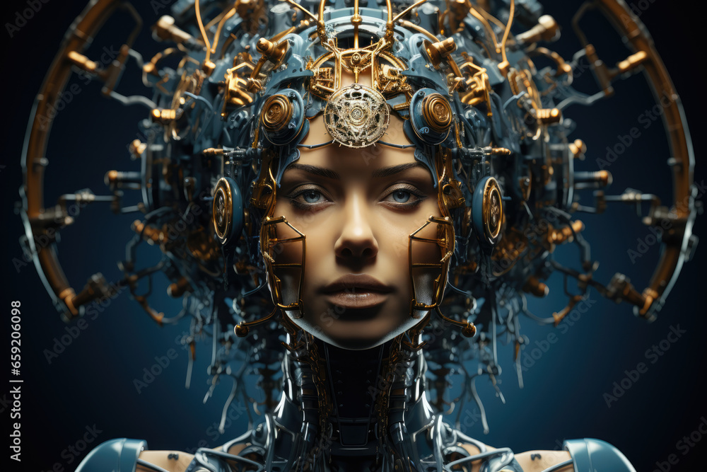 Poster a surreal portrait of a woman with a face composed of intricate clockwork gears and cogs, symbolizin
