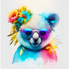 A close-up portrait of a fashionable-looking multicolored colorful fantasy cute stylish  koala wearing sunglasses. Printable design for t-shirts, mugs, cases, etc.