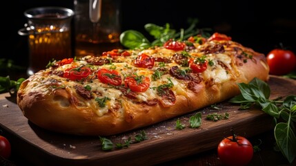 Italian Focaccia Bread with cheese and tomatoes. Generative AI