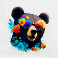 A close-up portrait of a fashionable-looking multicolored colorful fantasy cute stylish  Asiatic black bear wearing sunglasses. Printable design for t-shirts, mugs, cases, etc.