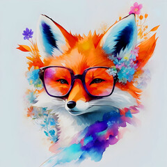 A close-up portrait of a fashionable-looking multicolored colorful fantasy cute stylish fox wearing sunglasses, look straight. Printable design for t-shirts, mugs, cases, etc.