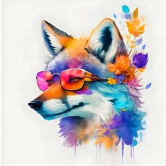 A close-up portrait of a fashionable-looking multicolored colorful fantasy cute stylish  wolf  wearing sunglasses. Generative AI illustration. Printable design for t-shirts, mugs, cases, etc.