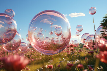 A field of giant floating soap bubbles, each containing a surreal miniature world inside, offering glimpses into parallel realities. Concept of bubble universes. Generative Ai.