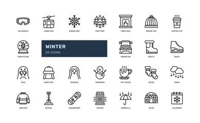 winter season cold ski goggle or christmas xmas detailed outline line icon set