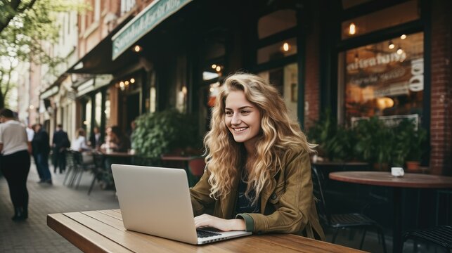 Smart business woman working with a computer in a cafe. freelancing, remote work.