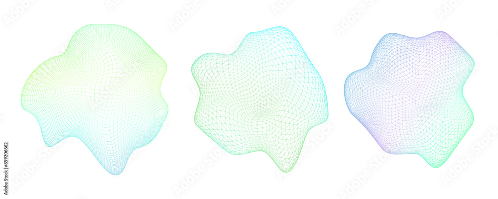 Poster set of geometric spheres with glitch effect. distorted circles on white background. abstract color s