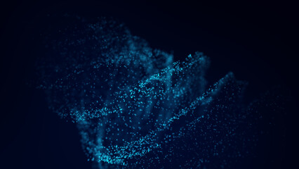 Abstract wave of dynamic particles. Vortex with shimmering glowing dots. Big data visualization. Digital futuristic technology background. 3d rendering.