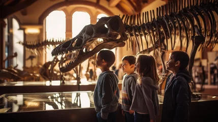Afwasbaar Fotobehang Dinosaurus Generative AI, children, schoolchildren on an excursion to the prehistoric museum of paleontology looking at dinosaur skeletons, fossils, ancient lizards, education, architecture, boys, girls