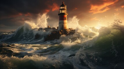 Lighthouse being engulfed by ocean waves portraying. Generative AI