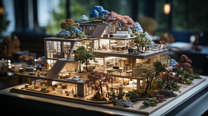 Small Scale Model of a Large House Design On the Table In A Real Estate Office. Generative AI.