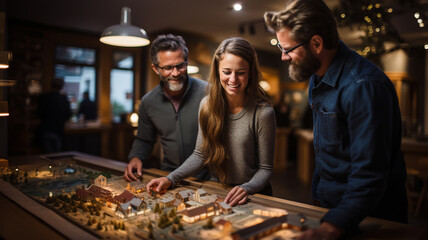 Real Estate Agent Discussing with a Young Adult Couple A New Housing Development Model on the Table In Front of Them. Generative AI.