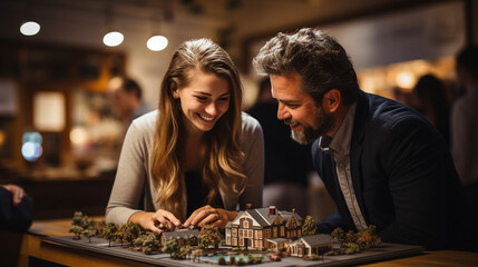 Fototapeta premium Young Adult Couple Discussing A New Housing Development Model on the Table In Front of Them. Generative AI.
