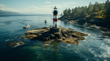 Lighthouse in the middle of a body of water. Generative AI - obrazy, fototapety, plakaty