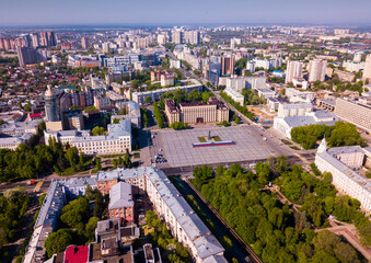 Panoramic aerial view of city center of Voronezh with Lenin Square, Russia..