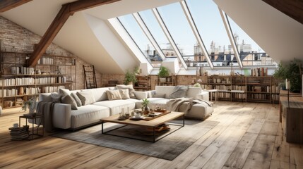 Loft style white room new empty penthouse apartment. Generative AI - obrazy, fototapety, plakaty