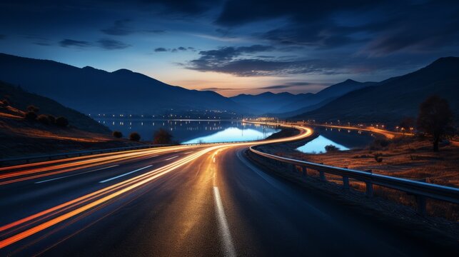 Long exposure image of a highway at night. Generative AI