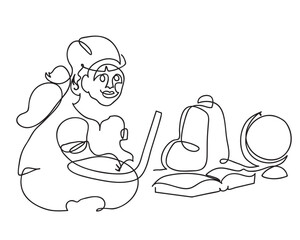 One line drawing of school preparation concept.
One continuous line drawing of little school girl is getting ready to go to school.