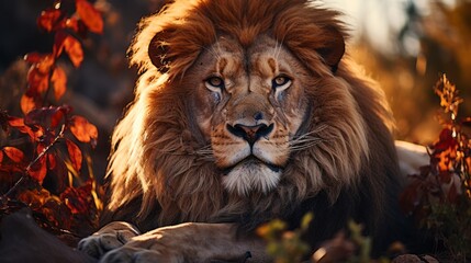 Obraz premium Majestic lion basking in the warm embrace of the savan. Generative AI