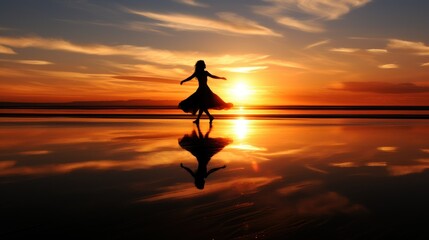 Silhouette of a woman dancing against a fiery sunset.
